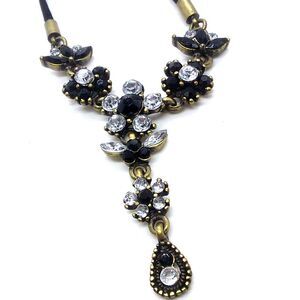 Bijou Black Clear Rhinestone Pronged Flowers on Black Nylon Cord 15-17" Lobster